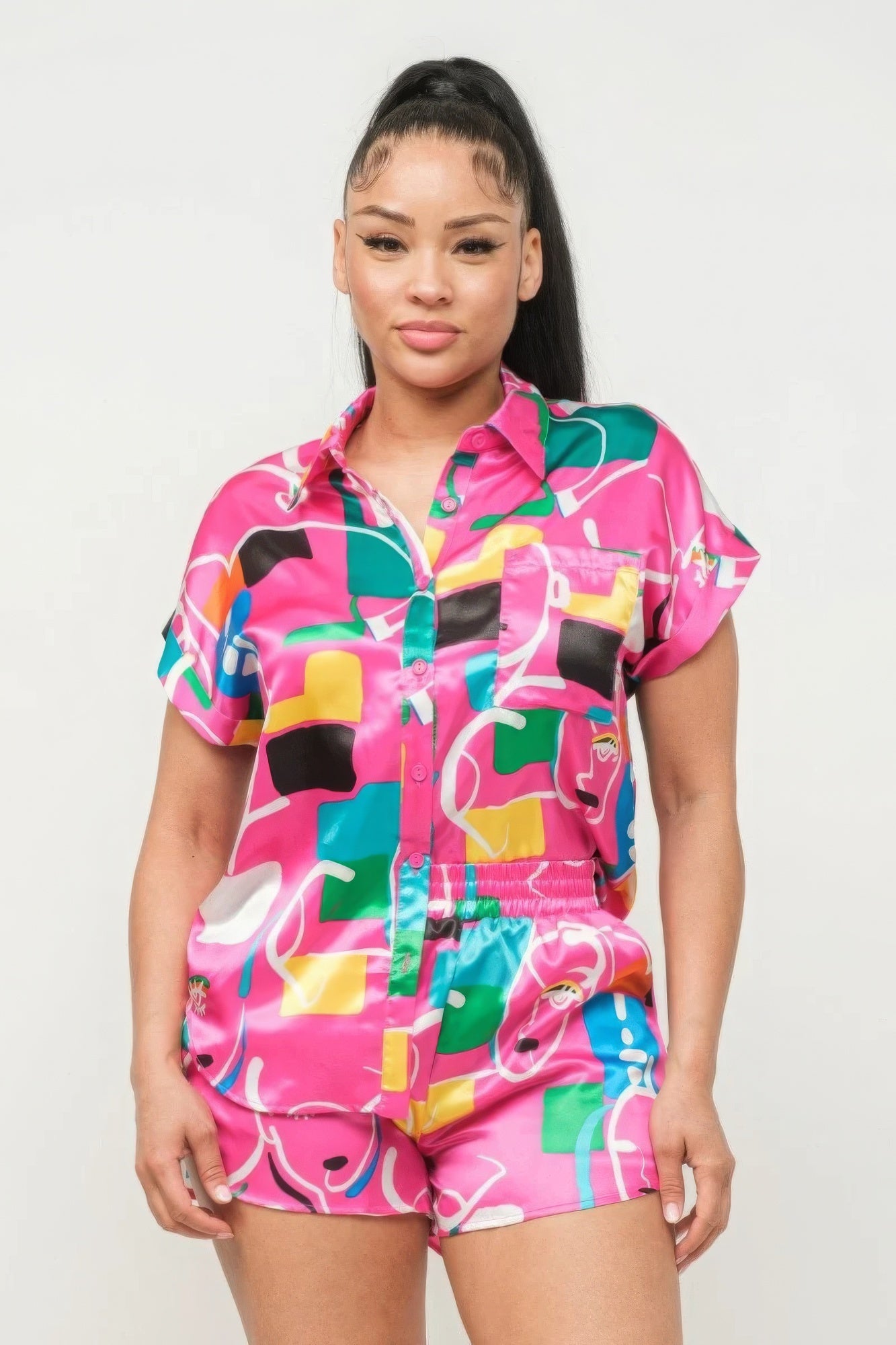 Abstract Print Button Down Top & Shorts Set