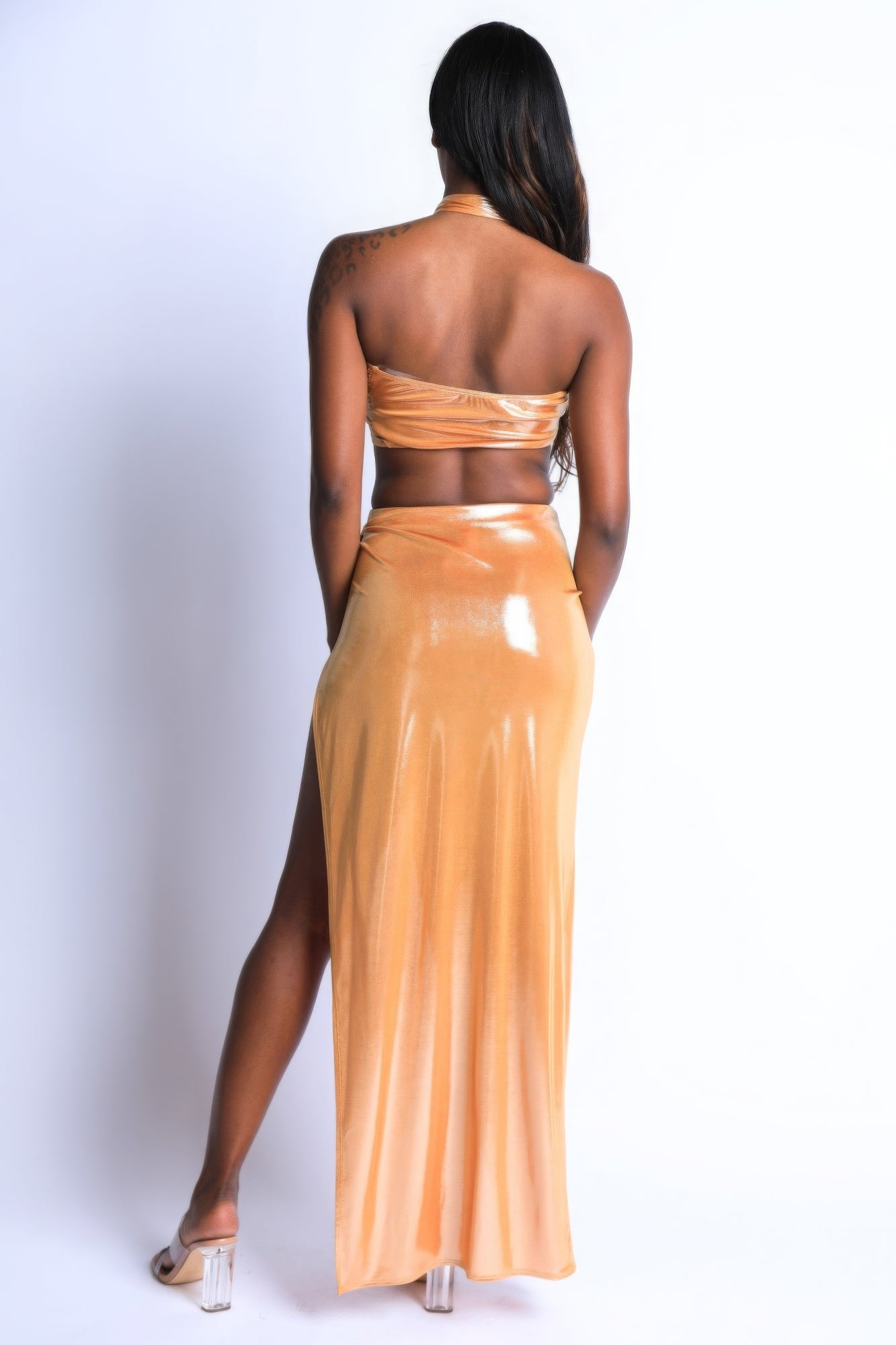 Wrap Around Halter Top And High Split Maxi Skirt
