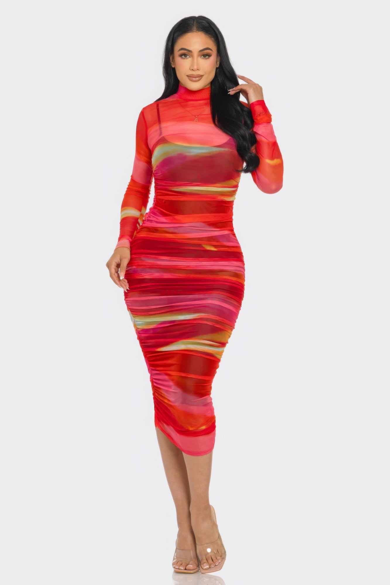 Stripe Mesh Ruched Midi Dress