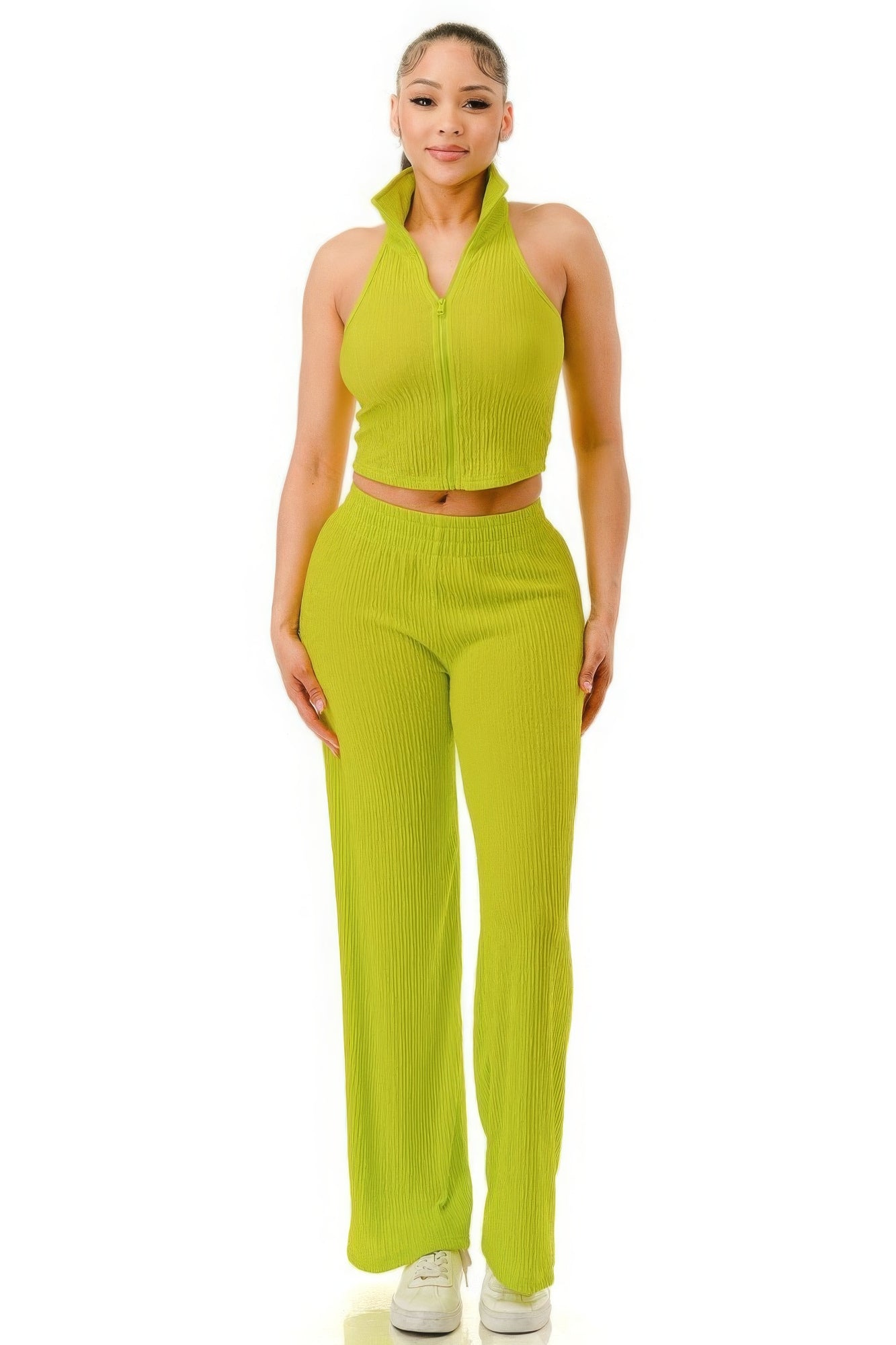 Crinkle Wide Pants & Zip Up Top Set