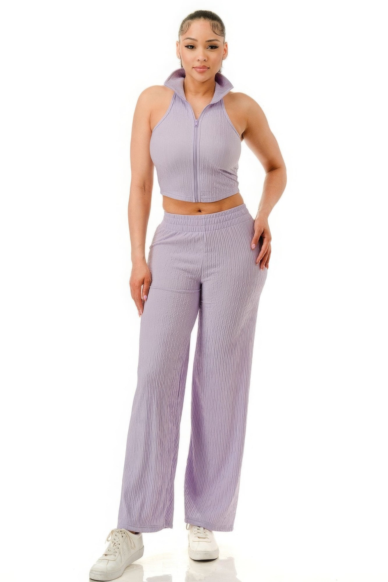 Crinkle Wide Pants & Zip Up Top Set