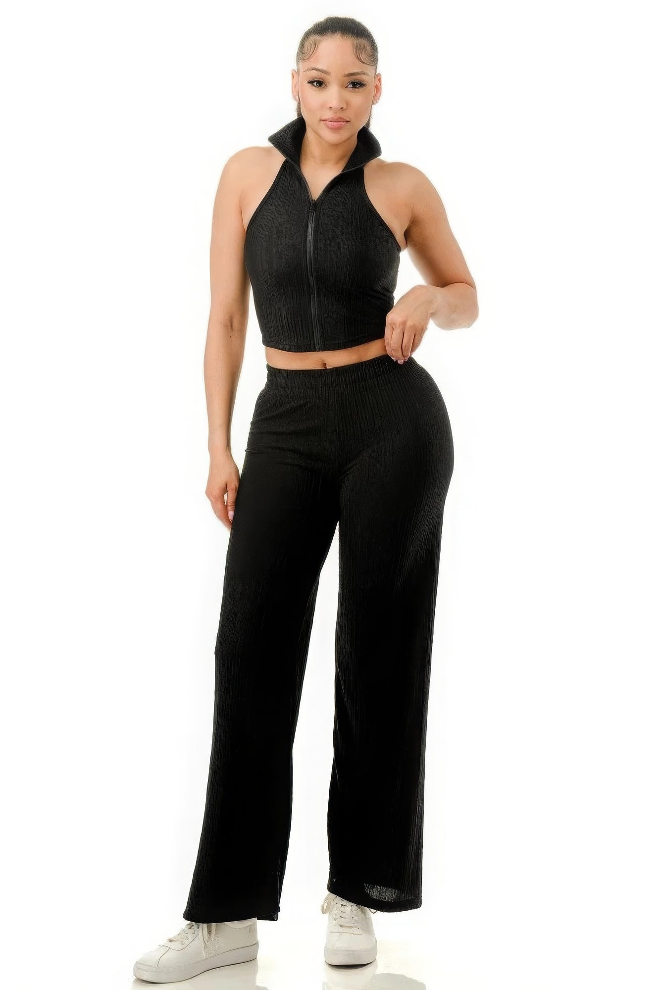 Crinkle Wide Pants & Zip Up Top Set