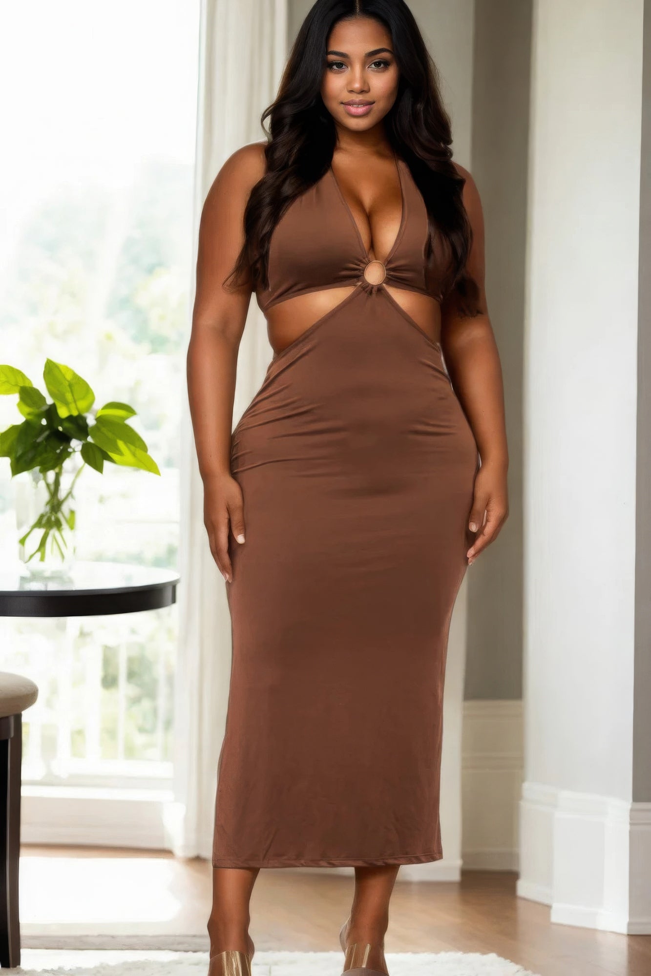 Curve Cut-Out Halter Open Back Midi Dress