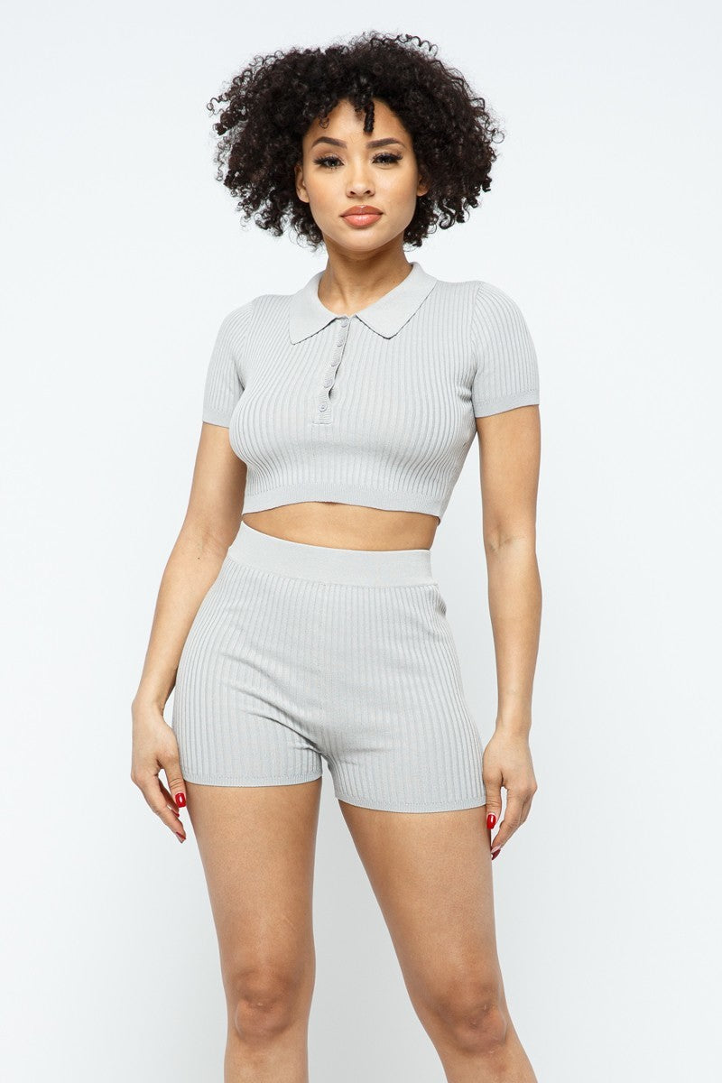 Collar Crop Top and Shorts Set