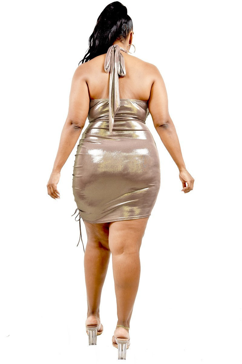 Curve Metallic Cross Wrap Halter Mini Dress