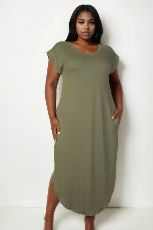 Curve V Neck T-Shirt Dress - Olive