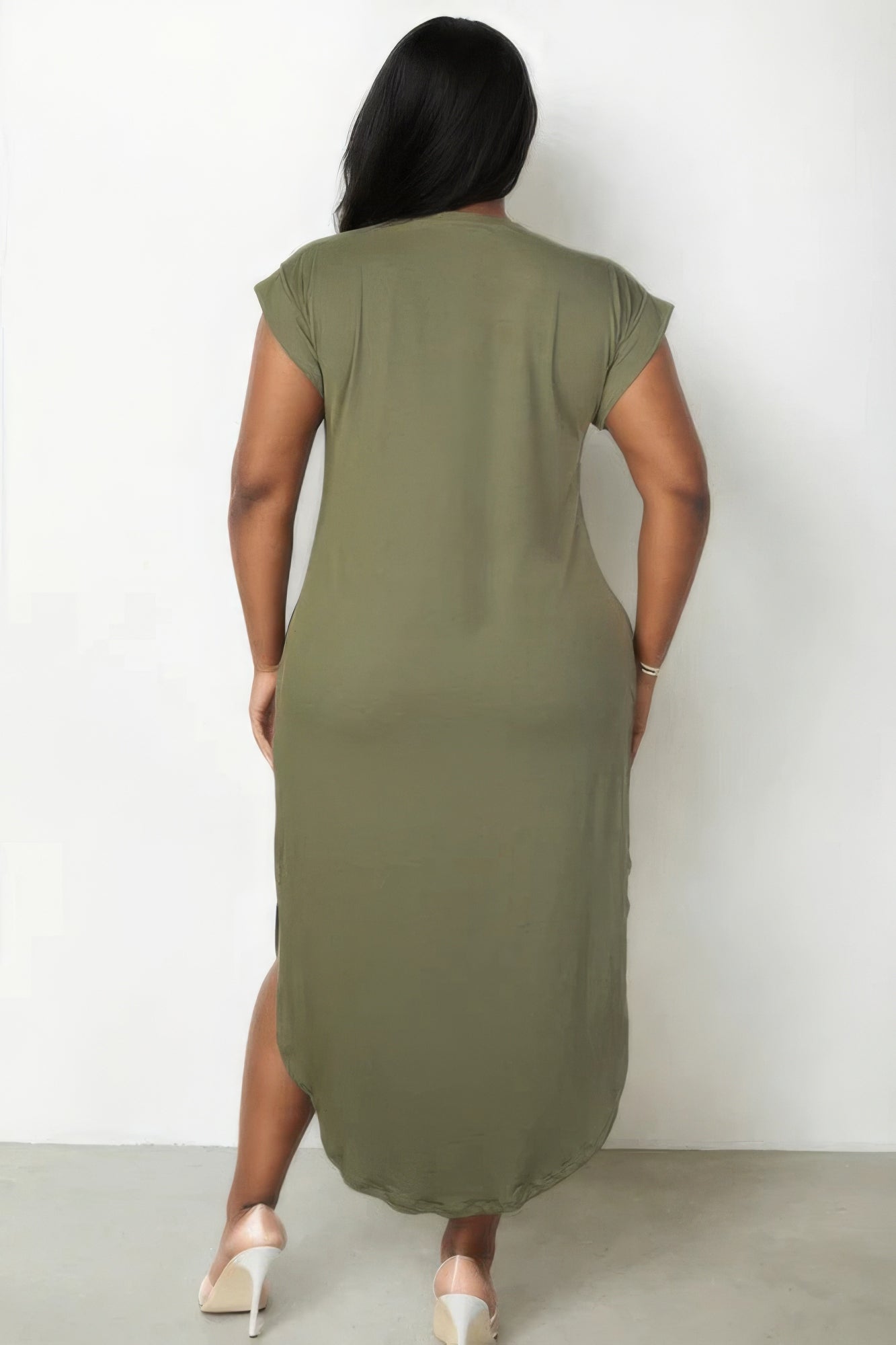 Curve V Neck T-Shirt Dress - Olive