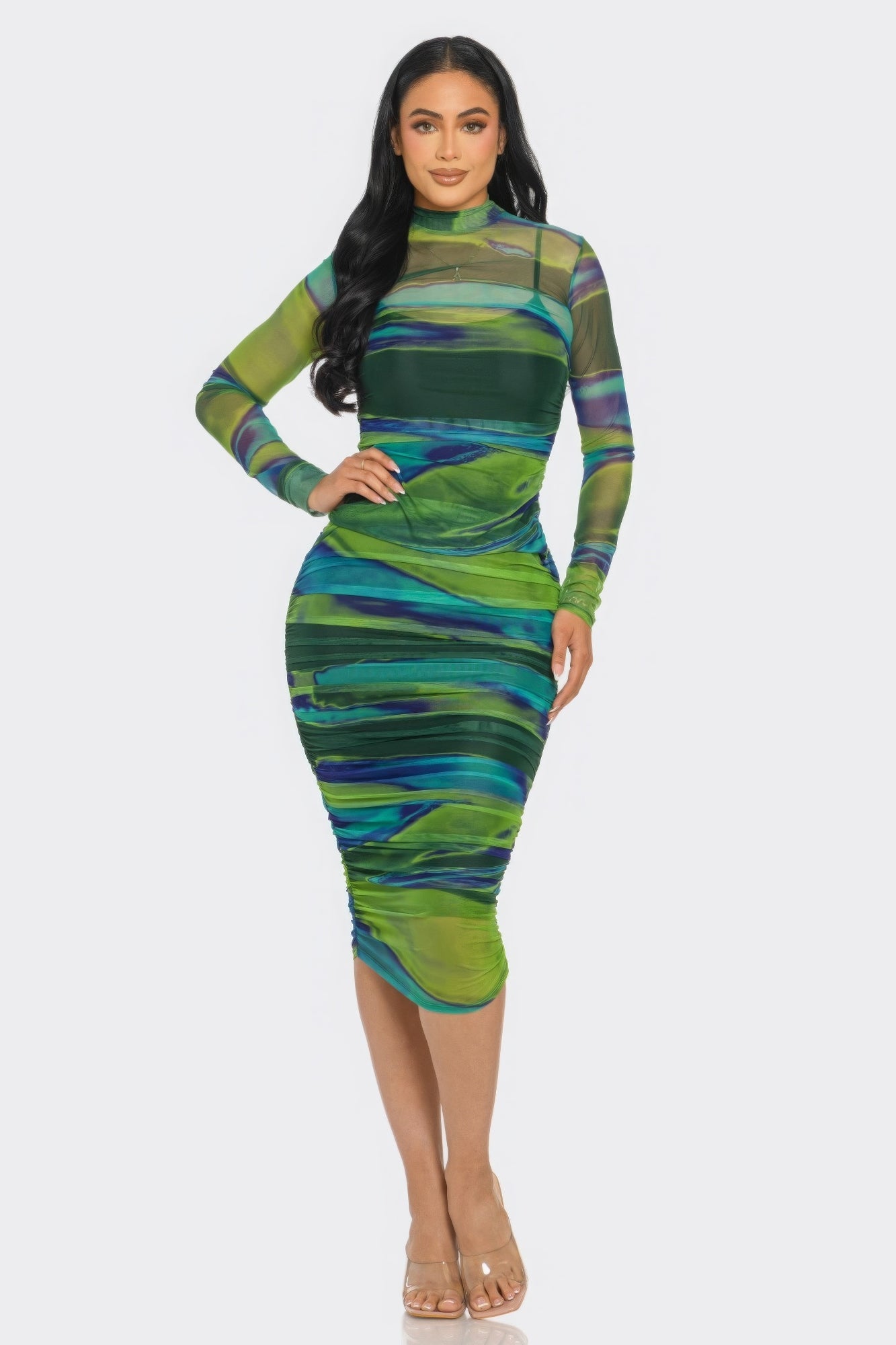 Stripe Mesh Ruched Midi Dress