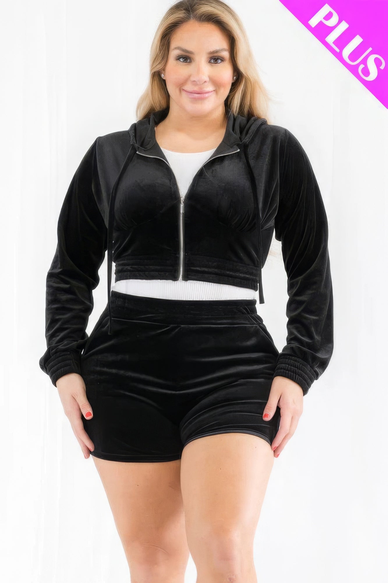 Curve Velour Crop Hoodie And Shorts Set