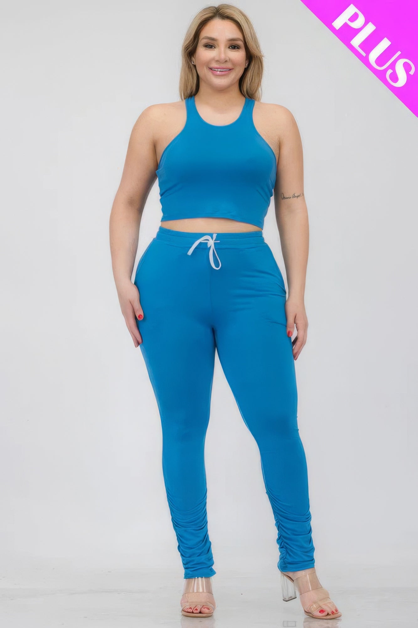 Curve Crop Tank Top & Ruched Drawstring Pants Set