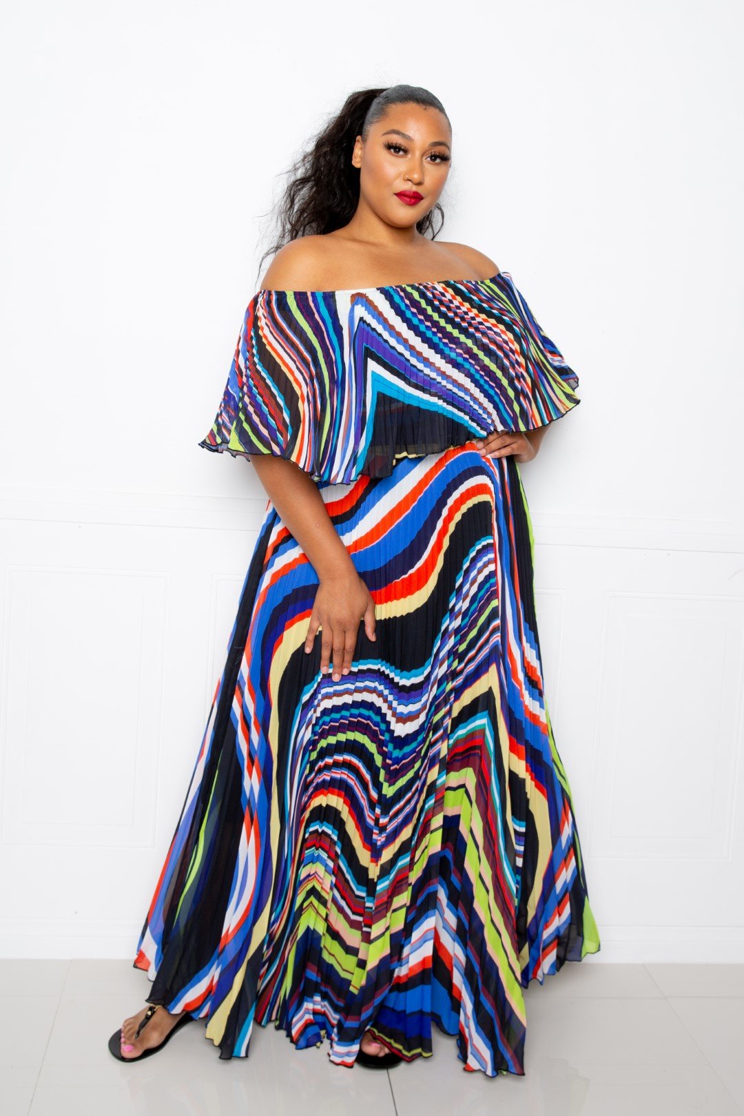 Curve Off Shoulder Pleated Maxi Dress