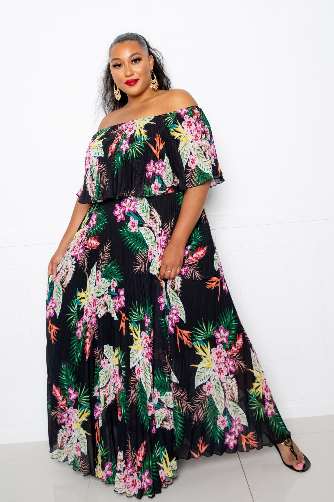 Tropical Off Shoulder Pleated Maxi Dress