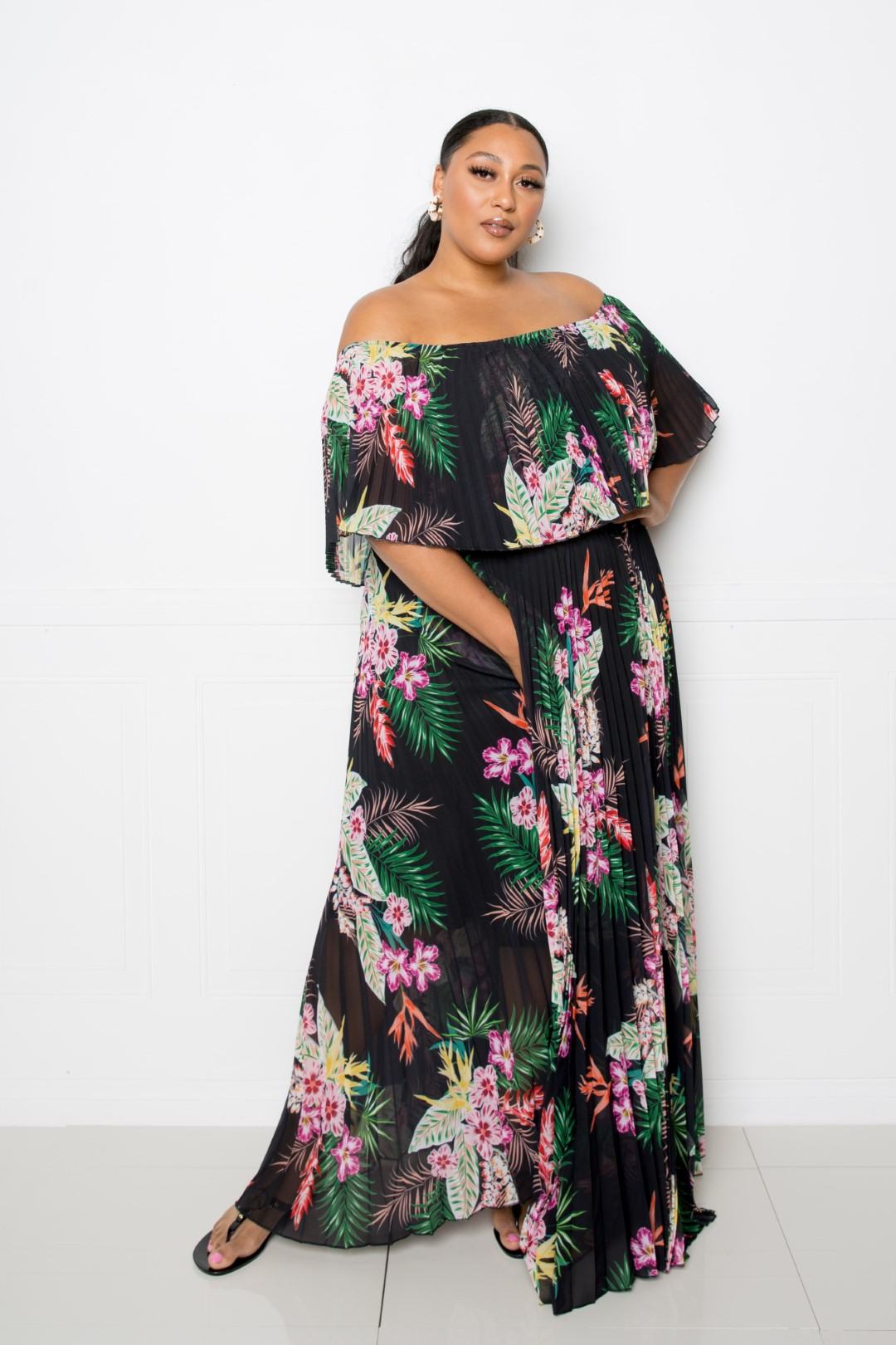 Tropical Off Shoulder Pleated Maxi Dress