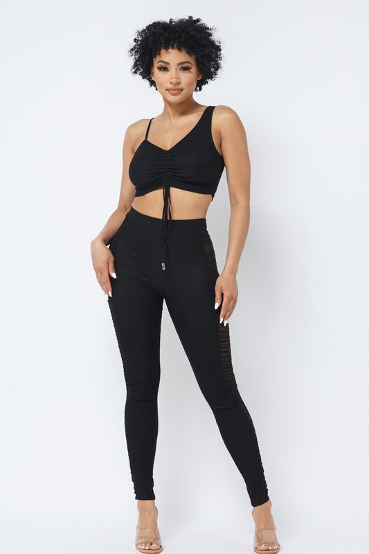 Ruched Crop Top & Mesh Leggings Set