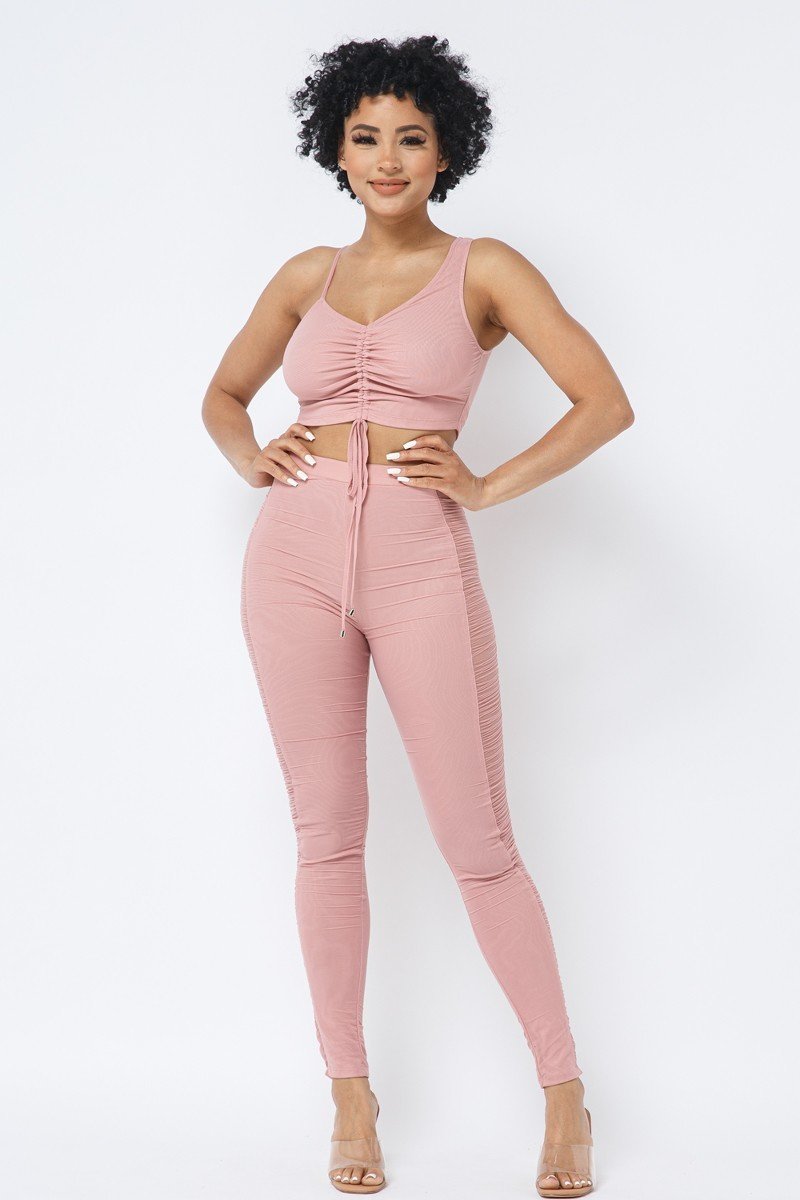 Ruched Crop Top & Mesh Leggings Set