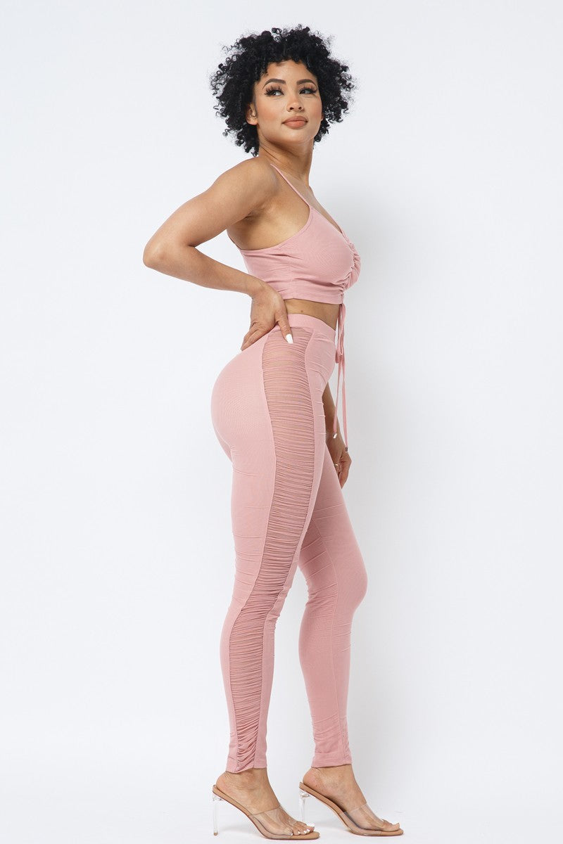 Ruched Crop Top & Mesh Leggings Set