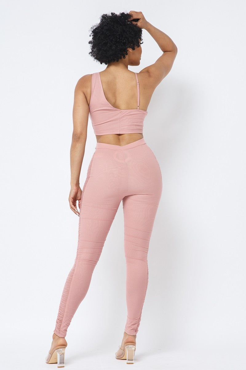 Ruched Crop Top & Mesh Leggings Set