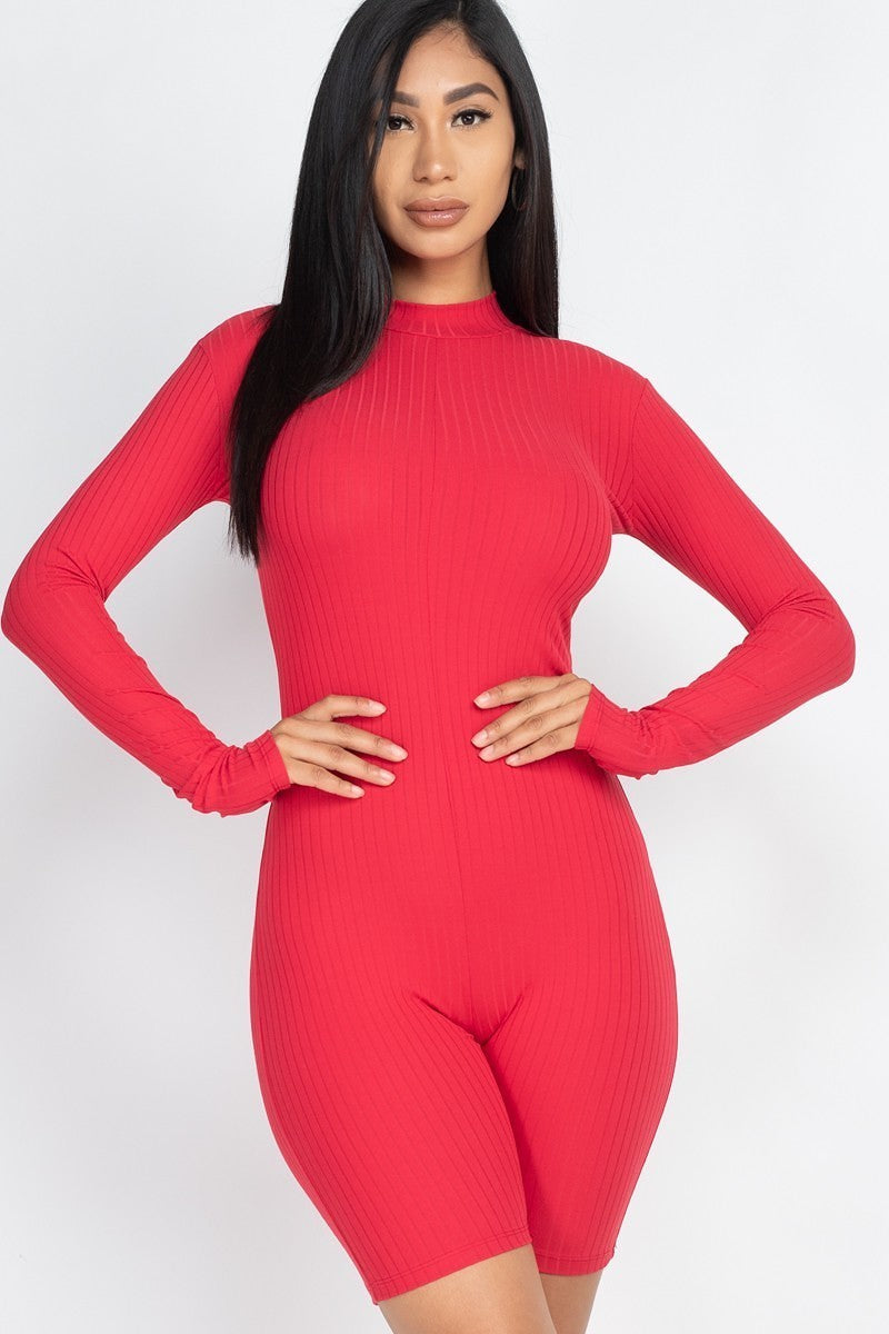 Ribbed Knit Romper - Red