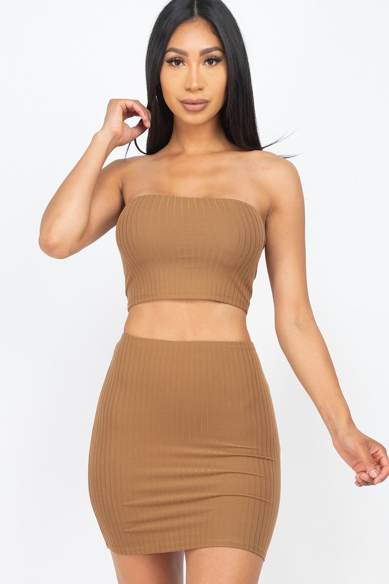 Ribbed Tube Top And Mini Skirt Set