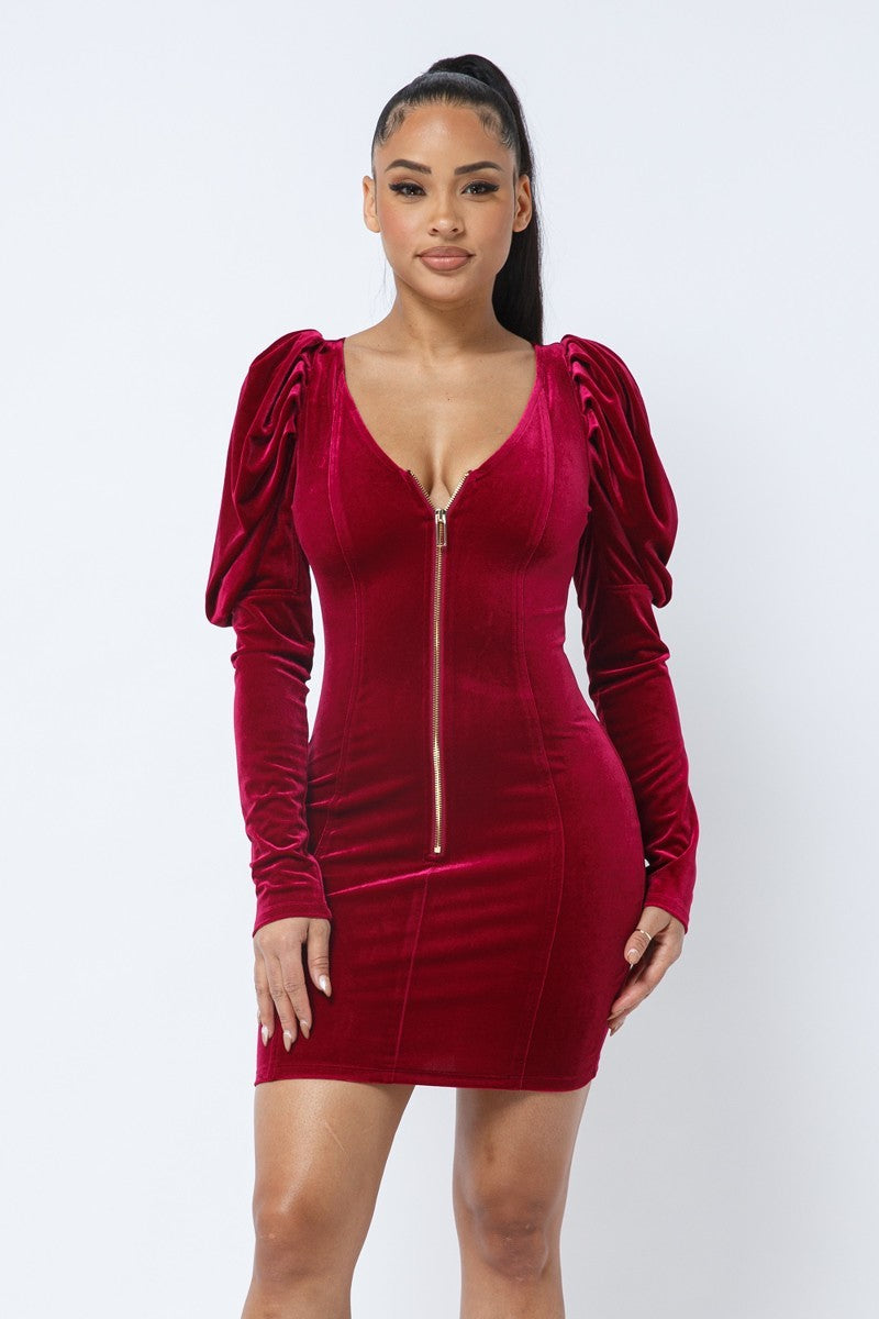 Velvet Puff Sleeve Mini Dress