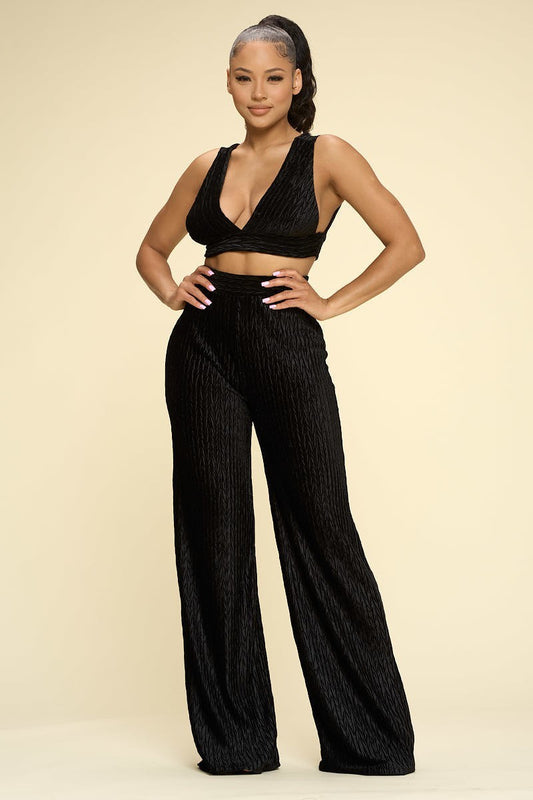 Crushed Velvet Bra Top & High Waist Palazzo Pants Set