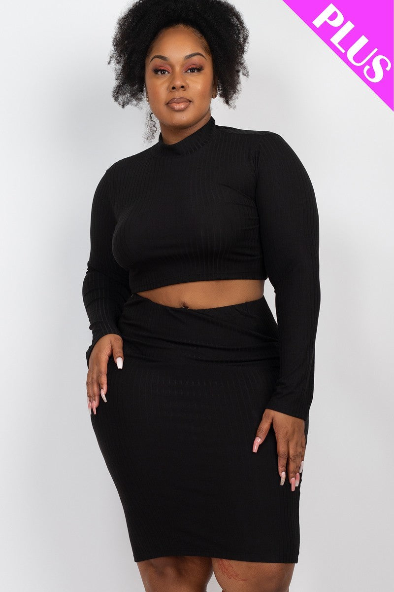 Curve Ribbed Mock Neck Crop Top & Midi Skirt Set - Black