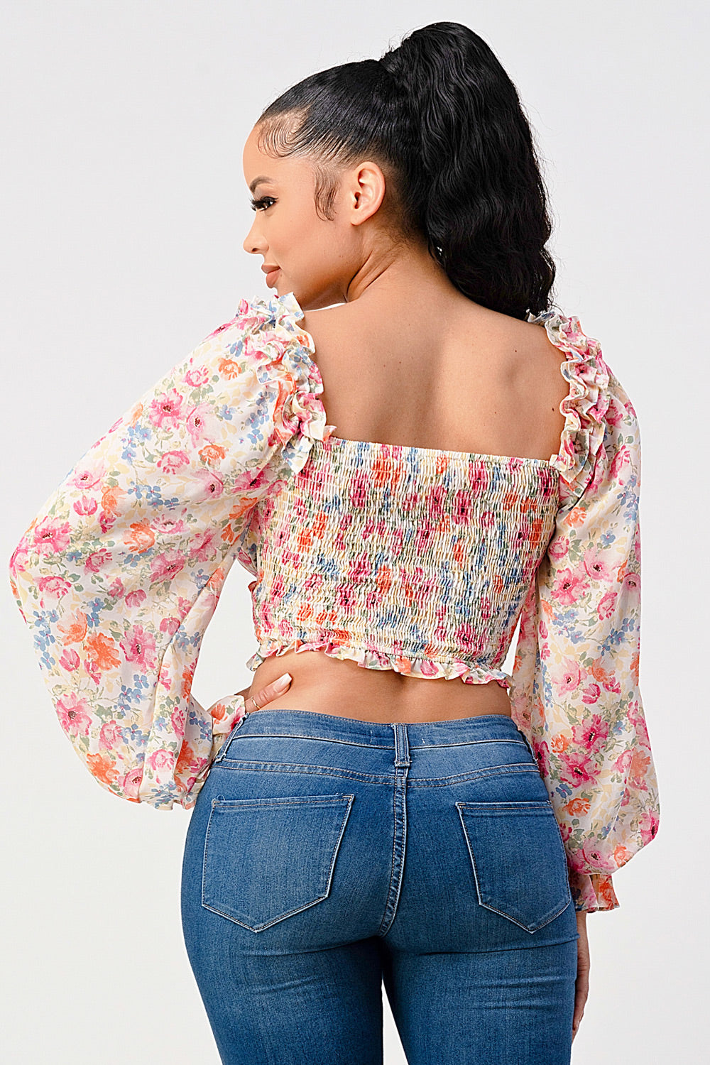 Floral Sweetheart Smocked Crop Top