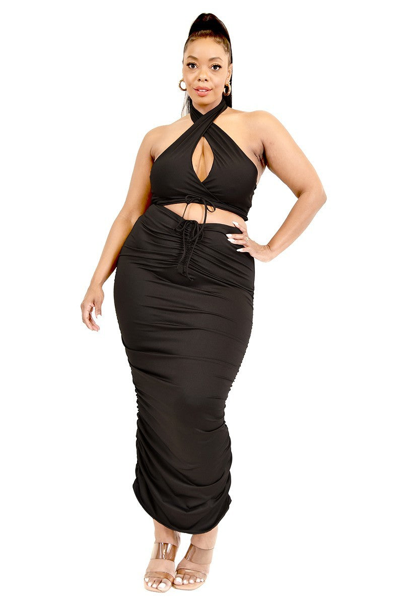 Two Piece Halter Skirt Set - Black