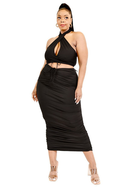 Two Piece Halter Skirt Set - Black