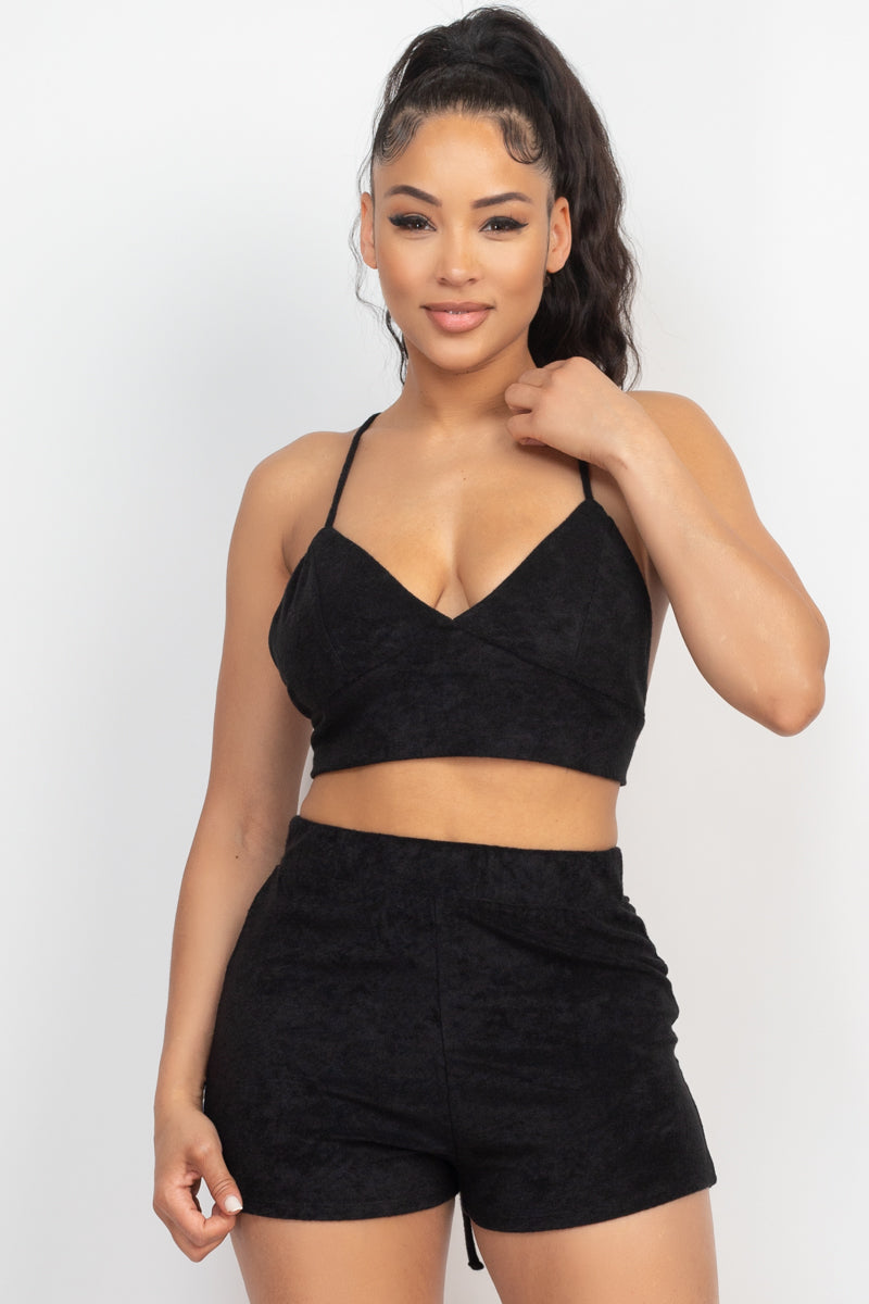 Terry Towel Bralette Top & Mini Shorts Set - Black