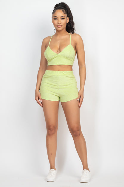 Terry Towel Bralette Top & Mini Shorts Set - Lime