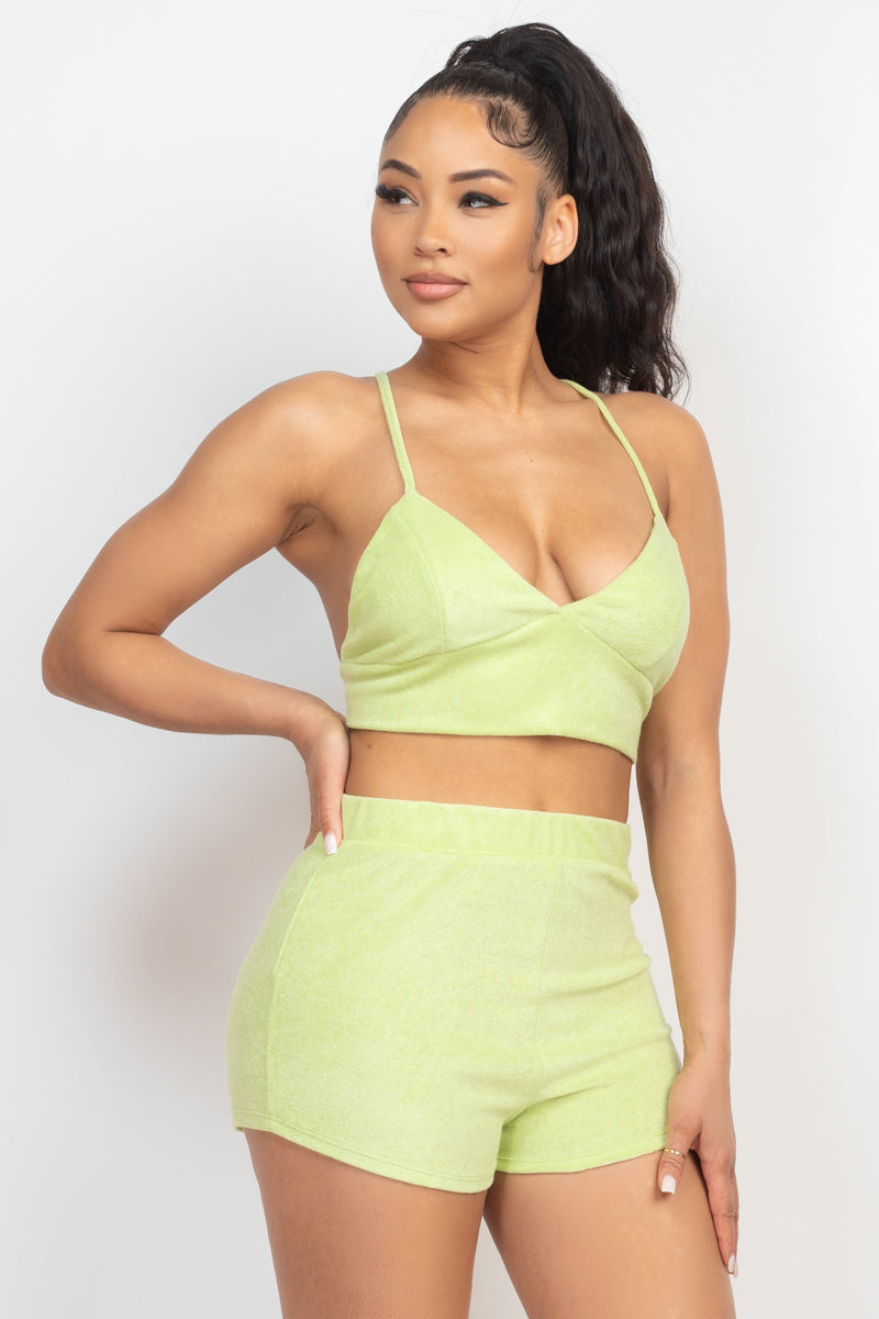 Terry Towel Bralette Top & Mini Shorts Set - Lime