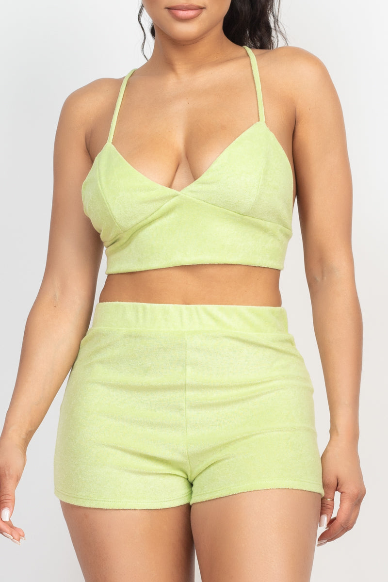 Terry Towel Bralette Top & Mini Shorts Set - Lime