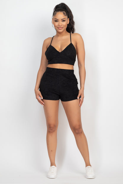 Terry Towel Bralette Top & Mini Shorts Set - Black