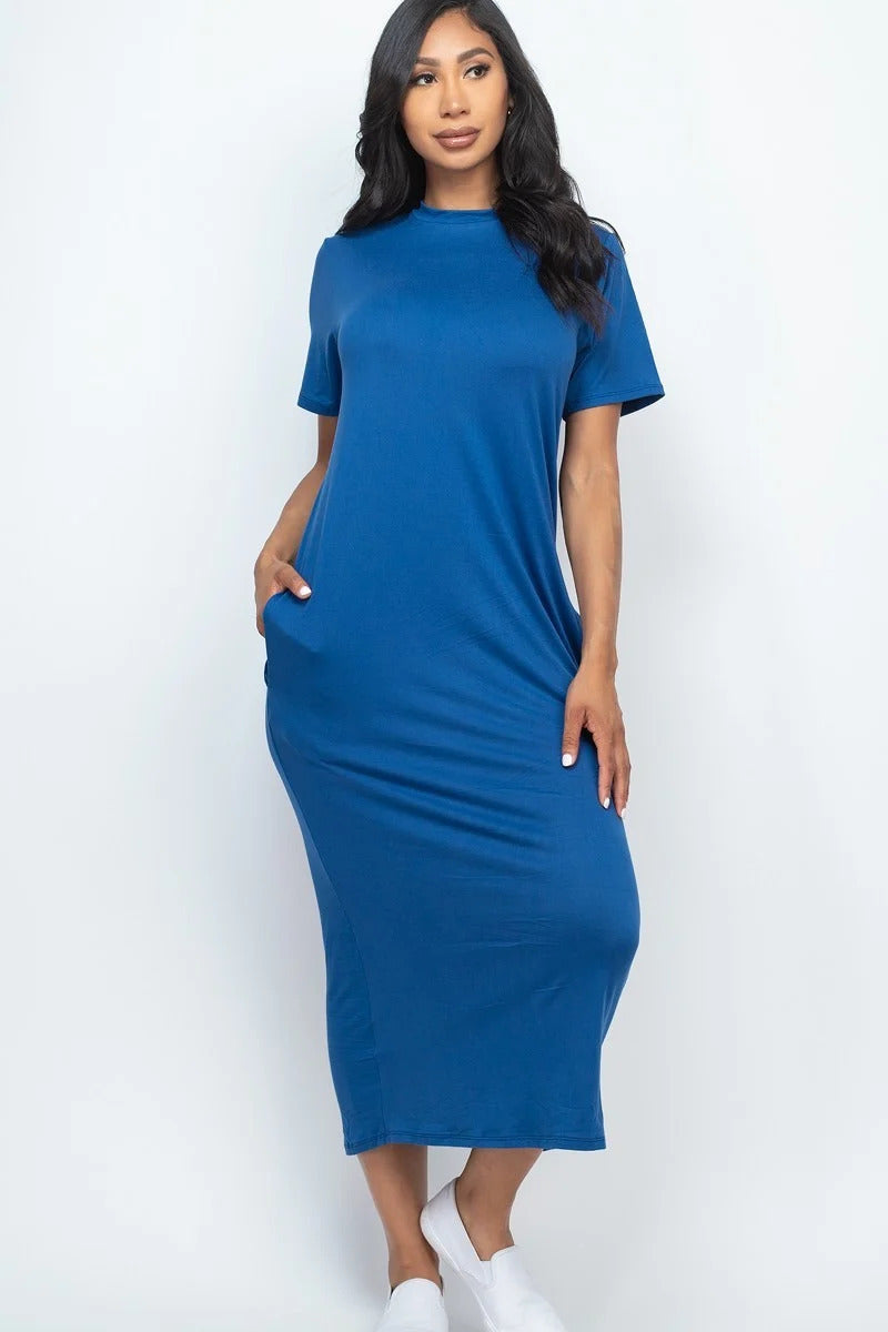 Side Pocket T-Shirt Maxi Dress - Blue Haze