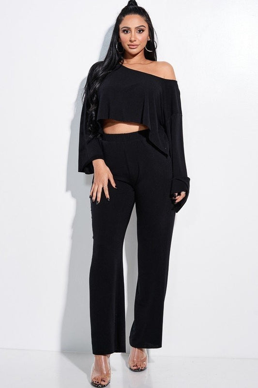 French Terry Slouchy Long Sleeve Top & Pants Set - Black