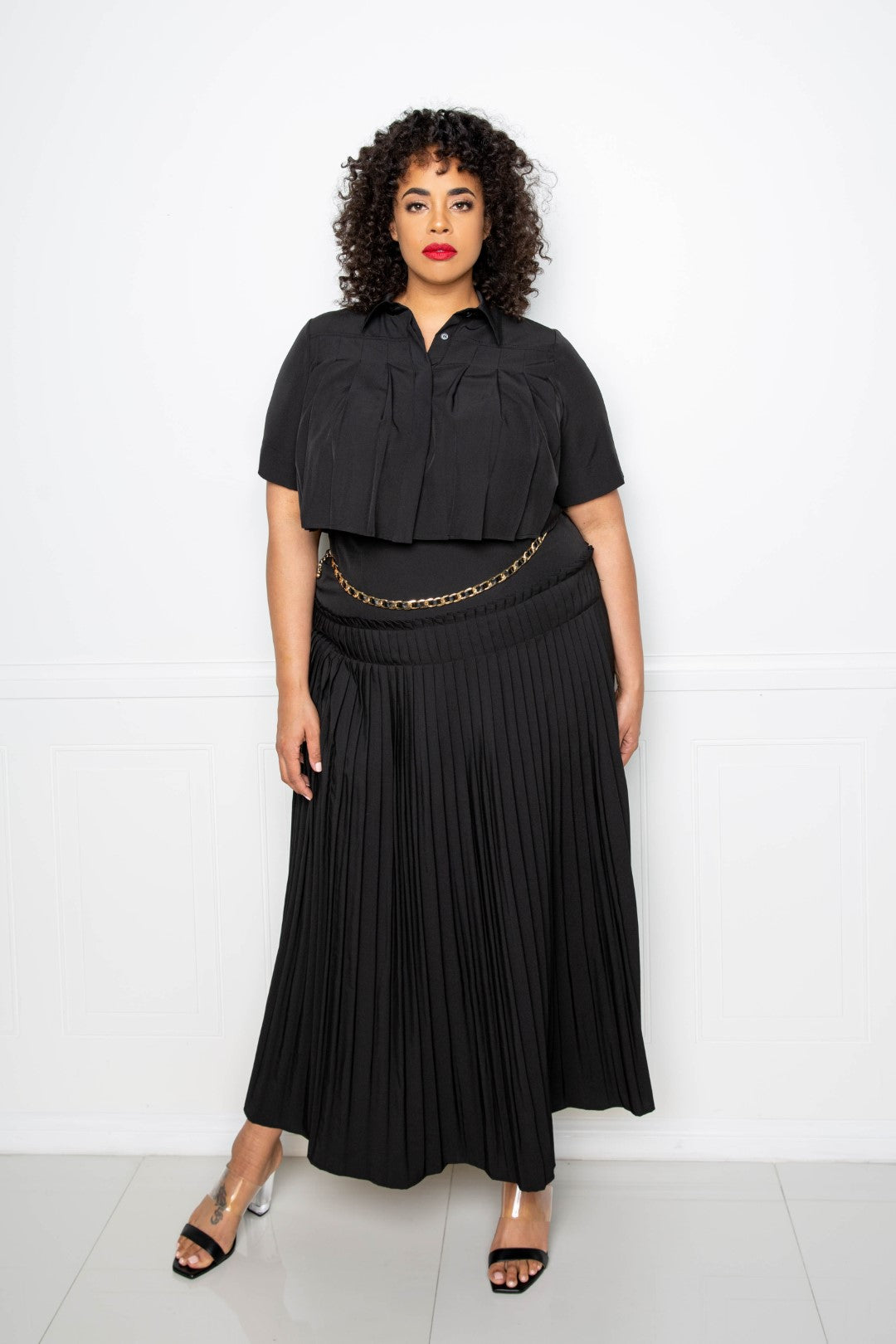 Pleated Cropped Shirt And Maxi Skirt Set - Black