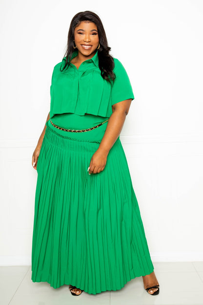 Pleated Cropped Shirt And Maxi Skirt Set - Green