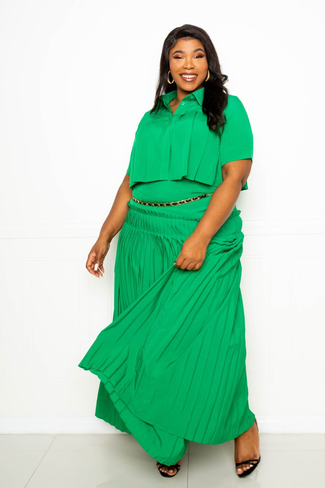 Pleated Cropped Shirt And Maxi Skirt Set - Green