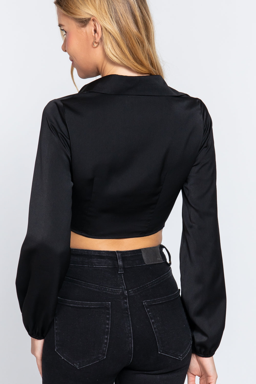 Twisted Long Sleeve Crop Top - Black