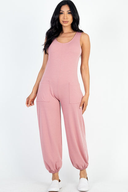 Casual French Terry Front Pocket Jumpsuit - Pink