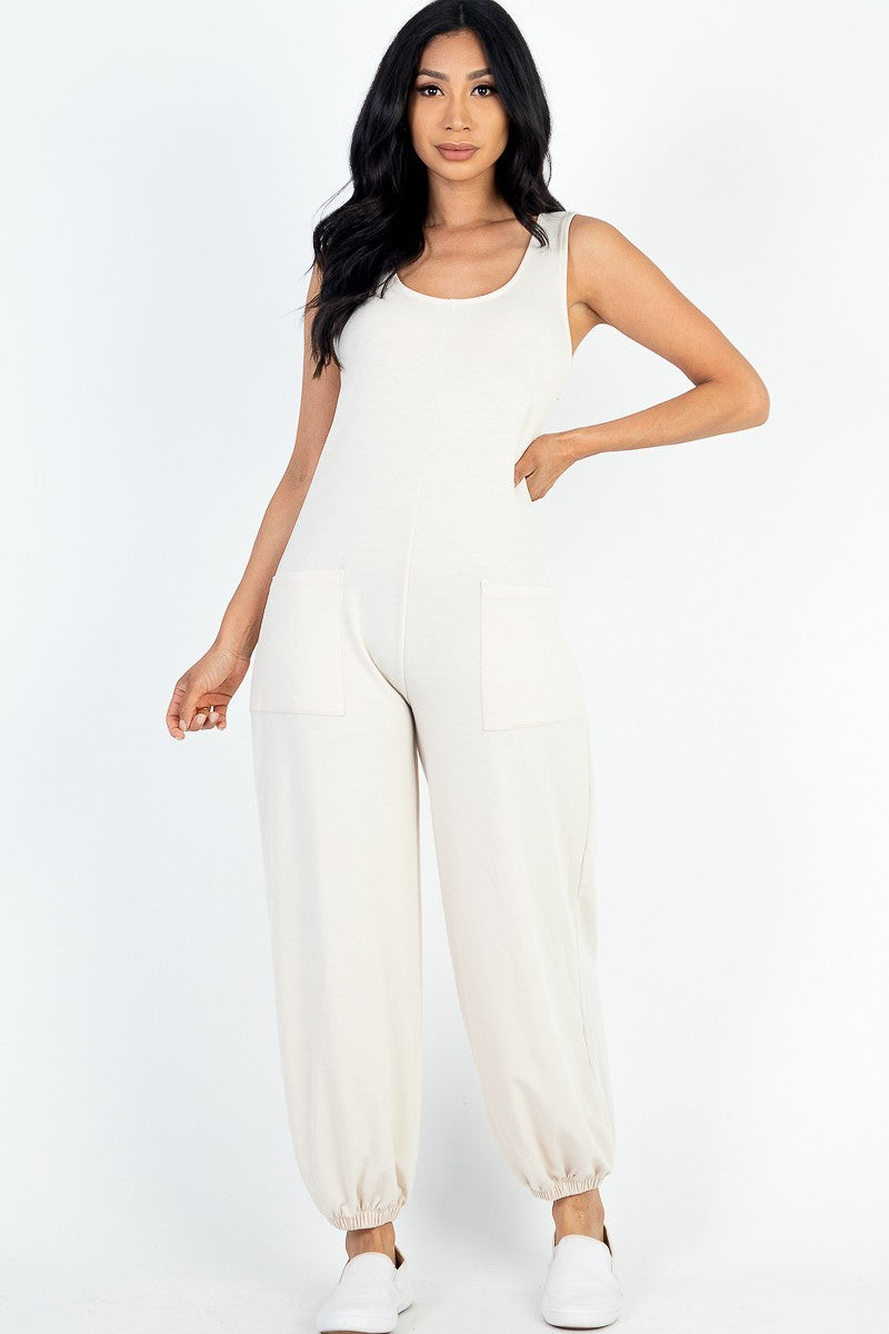 Casual French Terry Front Pocket Jumpsuit - Beige