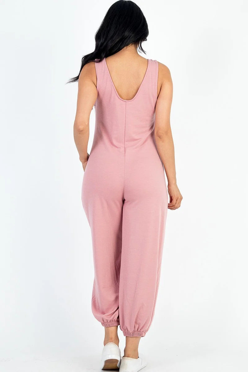 Casual French Terry Front Pocket Jumpsuit - Pink