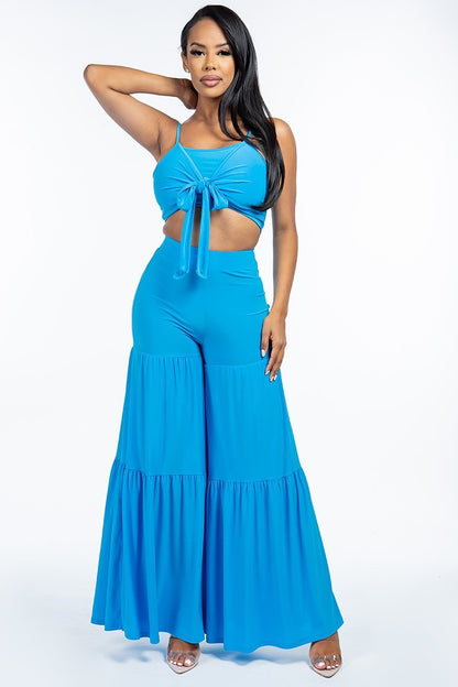 Tie Front Spaghetti Strap Top and Wide Leg Pants Set