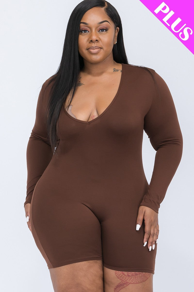 V-neck Long Sleeve Bodycon Romper - Brown