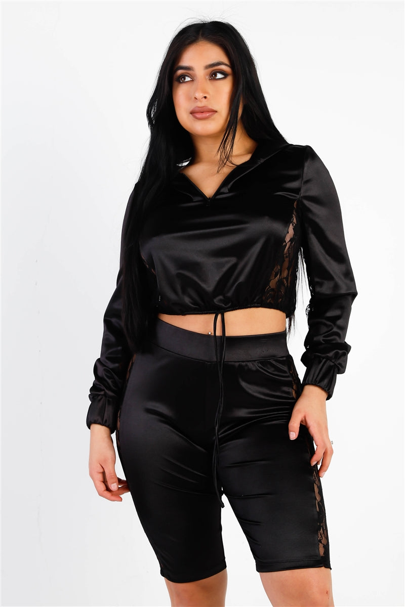 Satin Lace Long Sleeve Hooded Crop Top & Biker Short Set