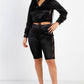 Satin Lace Long Sleeve Hooded Crop Top & Biker Short Set