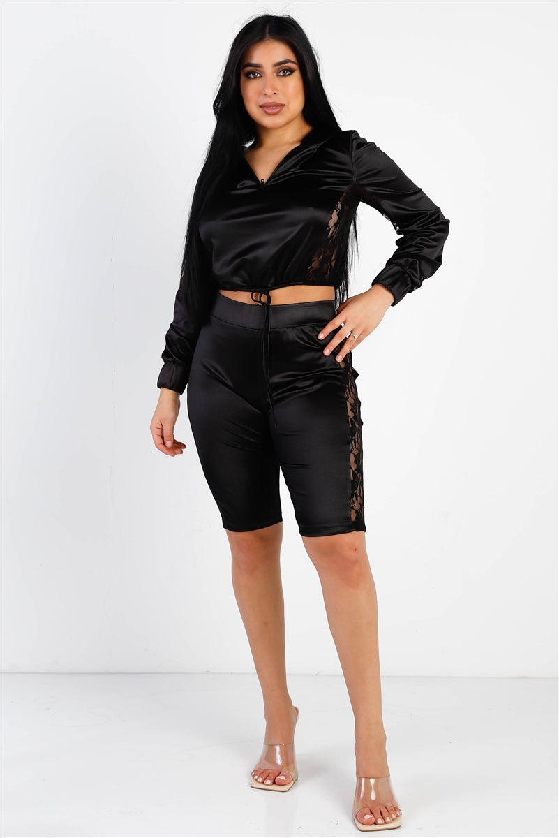 Satin Lace Long Sleeve Hooded Crop Top & Biker Short Set