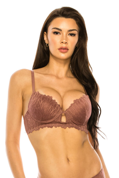 Coverage Lace Trim Bra - Brown