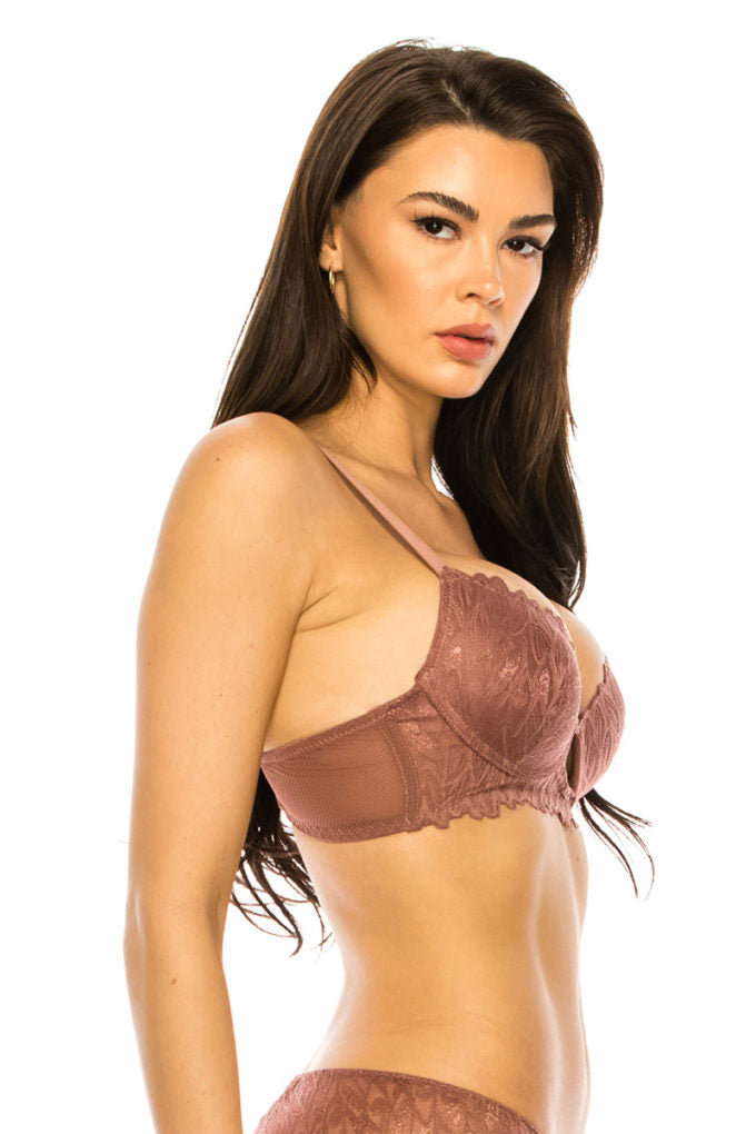 Coverage Lace Trim Bra - Brown